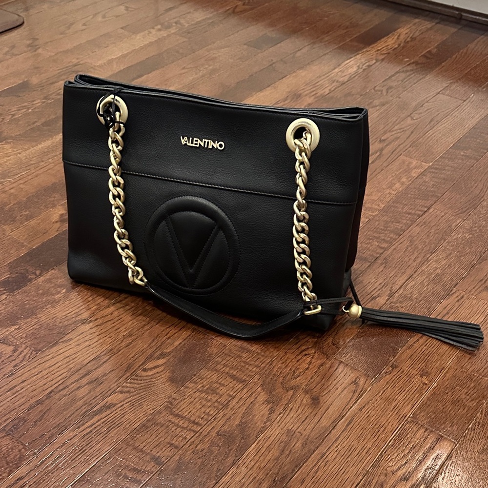 Authentic Valentino by Mario Valentino Black Leather Shoulder Bag w/ Gold Chain
